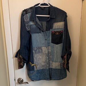 Desigual Patchwork Blue Denim Shirt with Embroidered Accents